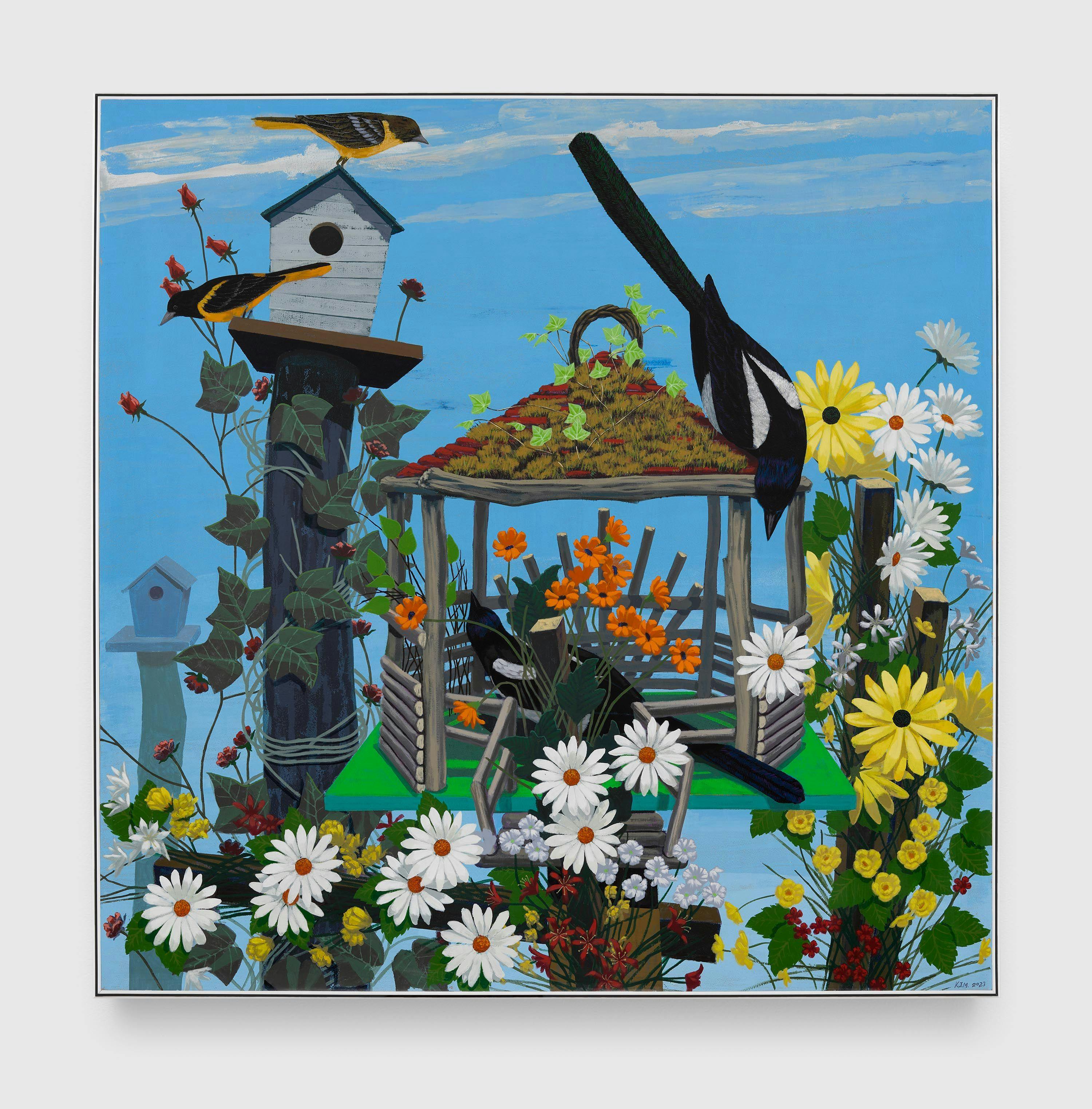 A painting by Kerry James Marshall, titled  Black and Part Black Birds in America: (Magpies and Baltimore Orioles), dated 2023.